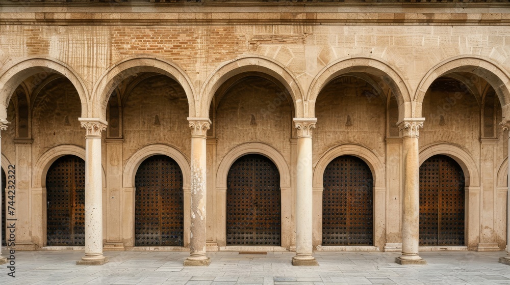 An elegant arcade of arched doorways invites travelers to step into the grandeur of a symmetrical caravanserai, its stone columns grounding the impressive architecture against the outdoor landscape
