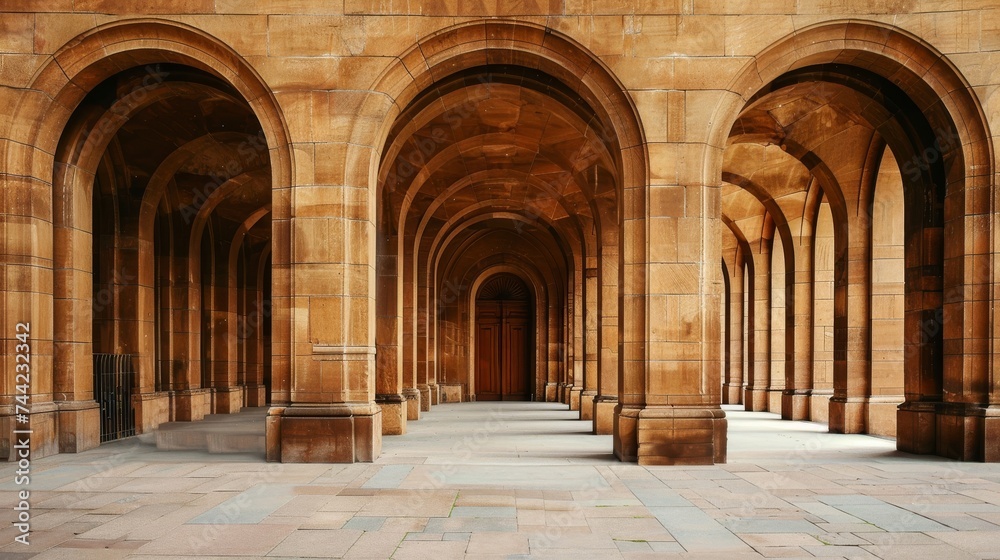 An imposing stone church stands tall, its arched doorways and intricate arcade columns creating a symmetrical and grand entrance to the vaulted cloisters within