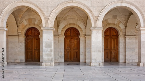 An elegant outdoor church with a symmetrical row of wooden doors, framed by graceful arches and columns, invites one to enter and explore its architectural beauty