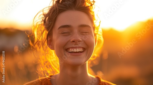 Portrait of happy young woman with healthy smile outdoor
