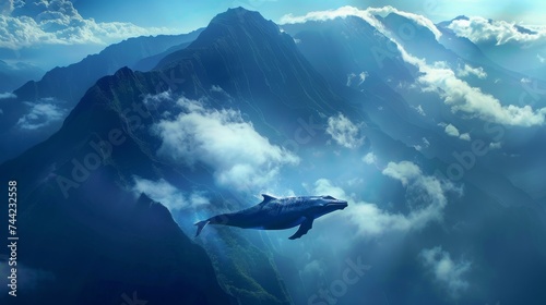 A majestic whale soars above towering mountains, surrounded by billowing clouds and a vast expanse of sky, evoking a sense of freedom and wonder in this stunning outdoor landscape