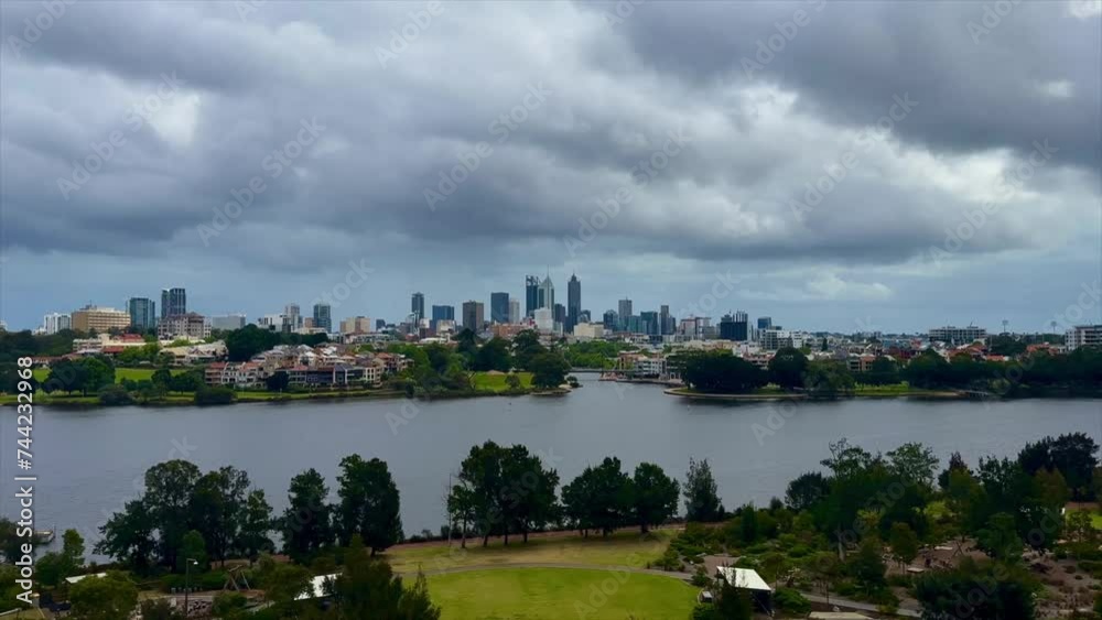 Skyline of Perth, Western Australia looking above from Optus Stadium across Claisebrook Cove in East Perth with a murky sky Skyline of Perth, Western Australia looking above from Optus Stadium across Claisebrook Cove in East Perth with a murky sky