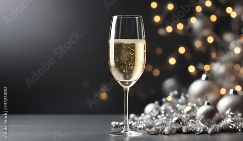 Generative AI Glasses of champagne. Merry christmas and happy new year Brinde com taça de champagne e decoração dourada para celebração de ano novo e fogos de artificio ao fundo.

 photo
