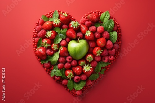 heart of fruits isolated on red background concept of  raw food diet