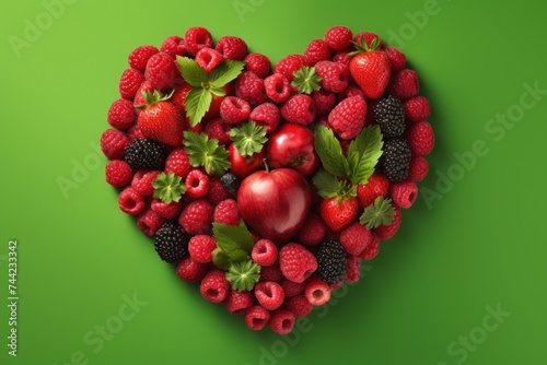 heart made of red fruitsisolated  on green background concept of antioxidants