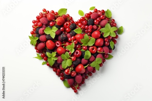 heart made of red fruits isolated on white background concept of plant-based diet