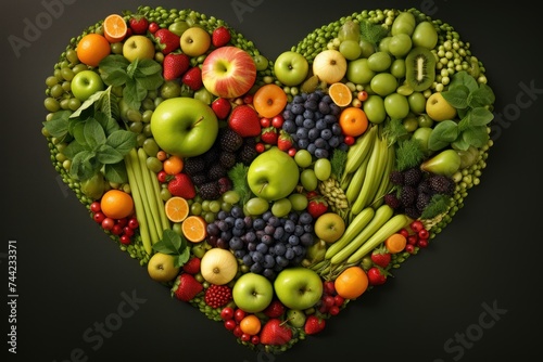 heart made of fruits isolated on green background concept of healthy lifestyle