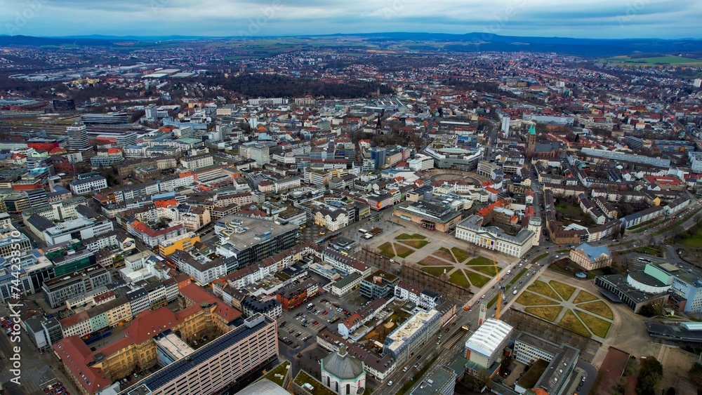 Drone aerial view of the city Kassel in Germany. The downtown during a sunny day in late winter 