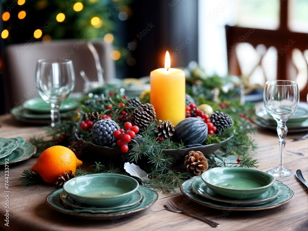 Beautiful festive table with dishes, blue dishes, candles on the table