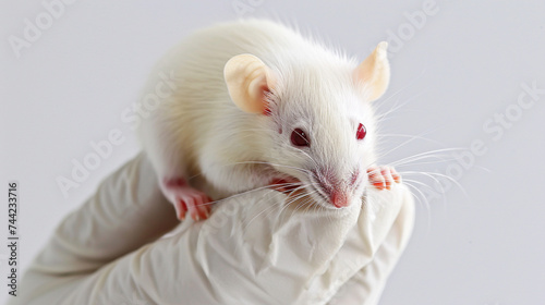 baby albino rat held in hand with a glove by researcher. Generative Ai