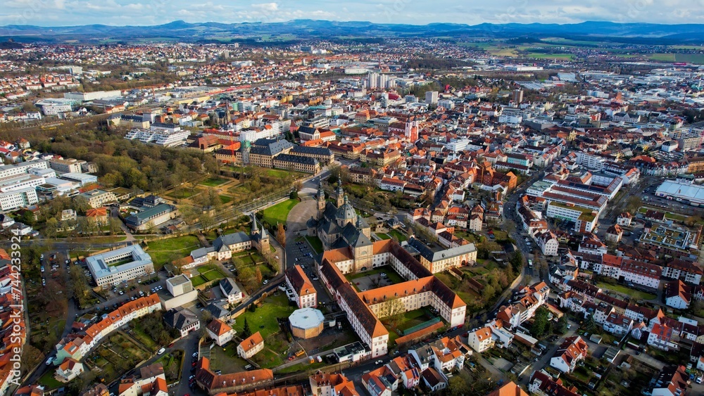Aerial view of the old town of Fulda in Hessen Germany on a sunny day in winter	