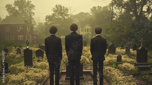 Farewell ceremony for the deceased, cemetery, tombstone, sad people in black tailcoats stand near the gravestone