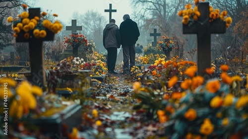 Farewell ceremony for the deceased, cemetery, tombstone, sad people in black tailcoats stand near the gravestone