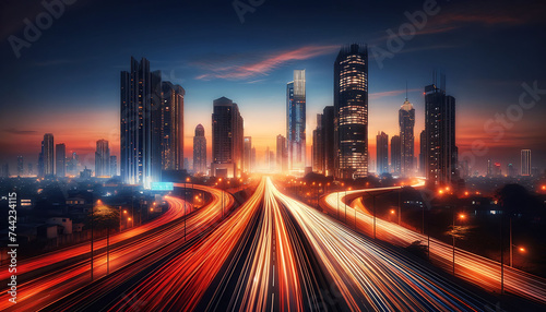 The light trails on the highway convey a sense of motion and the rush of urban life as the day transitions to night.