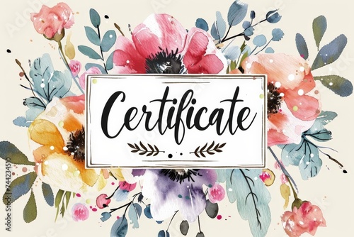 Text "Certificate" with watercolor flowers.Watercolor template, layout with floral frame, for calligraphy, use for gift sertificate, look like paint, banner.