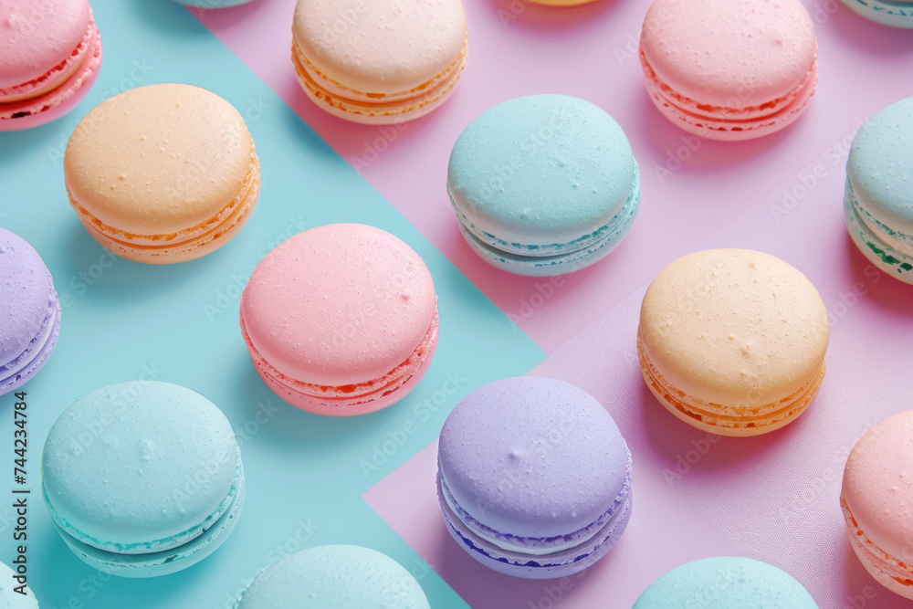 Obraz premium Assortment of colorful macarons arranged on a two-toned pastel background.