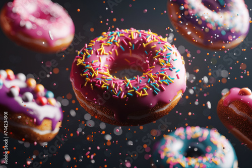 Colorful donuts with vibrant sprinkles suspended in the air.