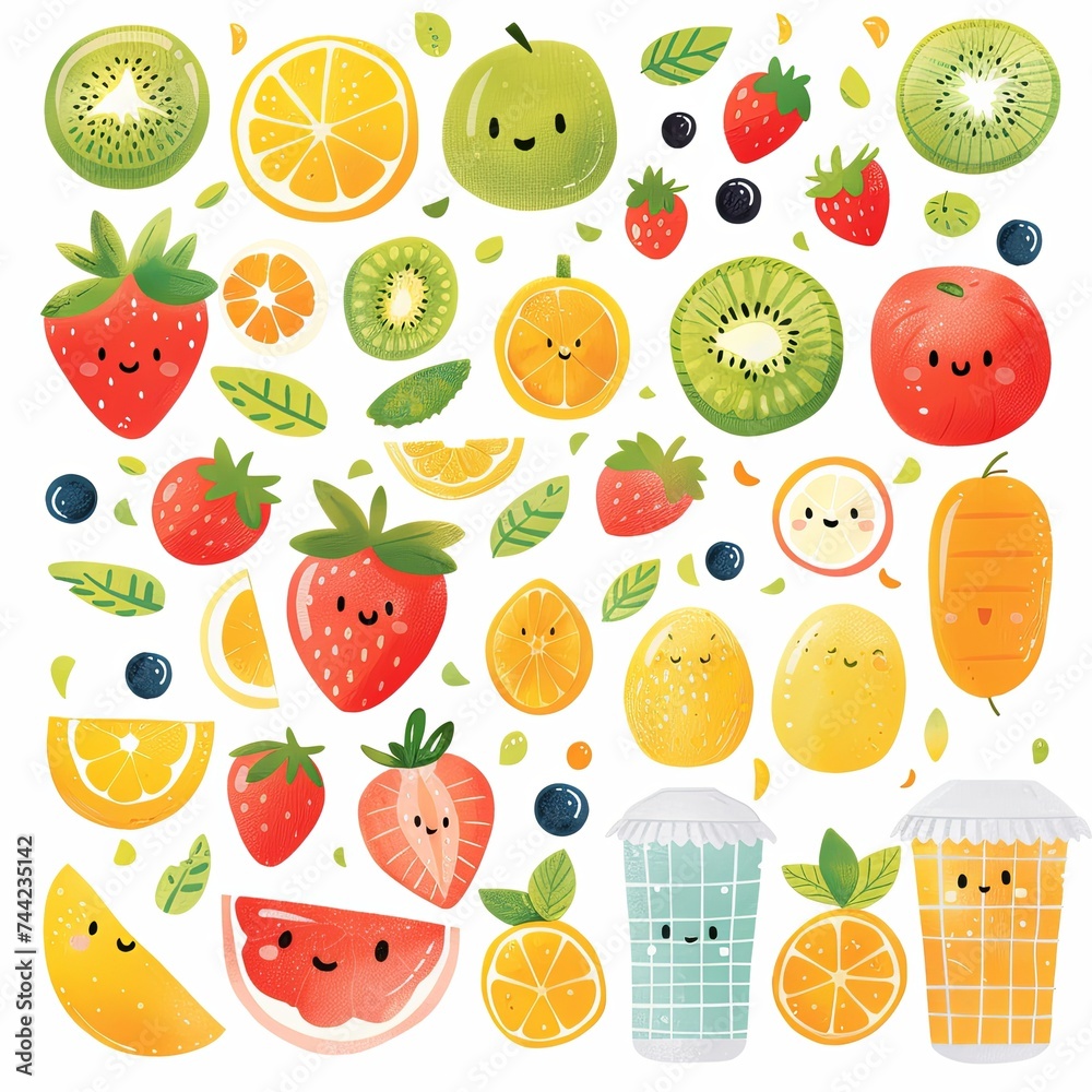 Assorted drawn fruits in cute style Assorted drawn fruits in cute style