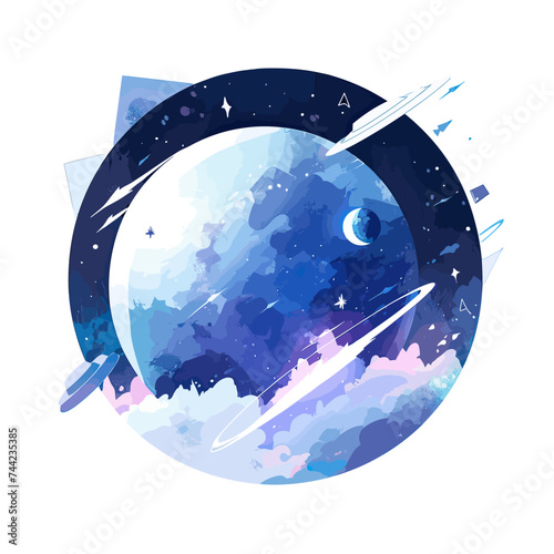 Vector of cosmic planet surrounded by rockets and clouds in a starry night sky