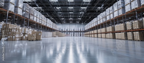 This photo showcases the vastness of a busy warehouse as it is filled with numerous boxes stacked from floor to ceiling.
