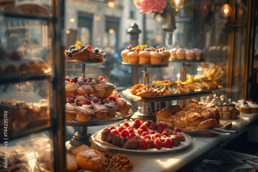 Artistic view of a bakery window showcasing a variety of delicious pastries and desserts.
