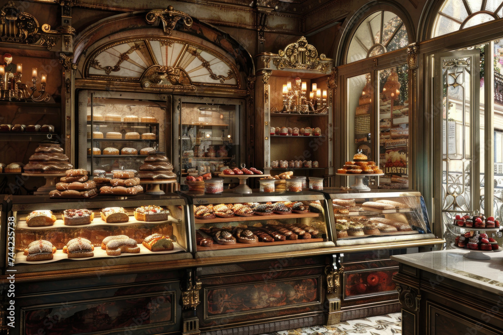 Traditional bakery with an array of desserts displayed elegantly.