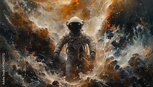an astronaut is standing alone in space, in the style of portraitures with hidden meanings, liquid metal. Generative AI