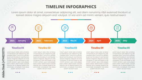 timeline milestone infographic concept with arrow block header and outline circle for slide presentation with 5 point list