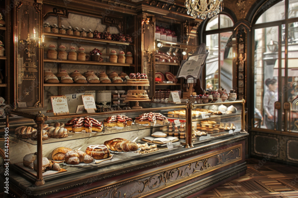 Classic pastry shop counter filled with various bread and cakes.