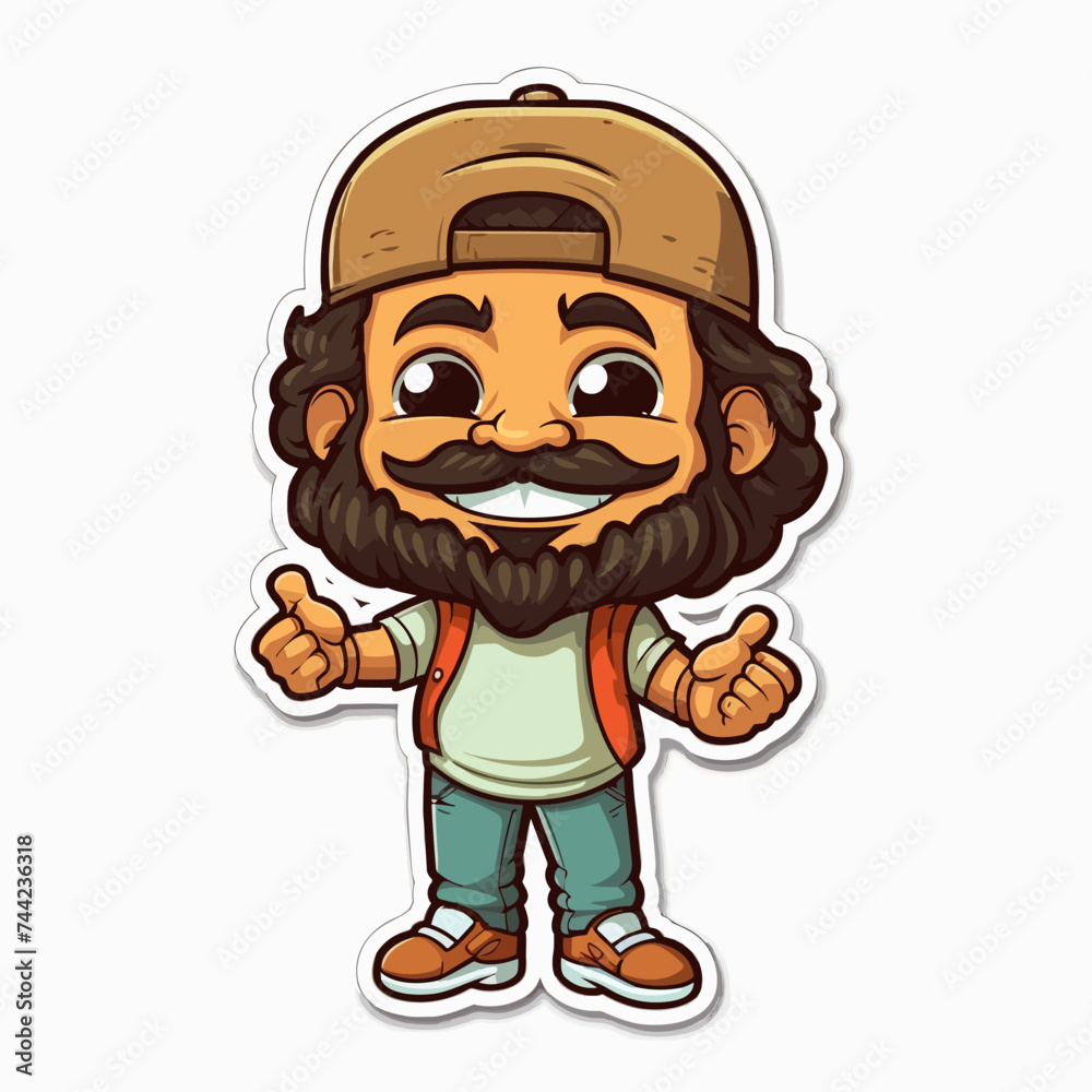Fototapeta premium Vector illustration of a sticker featuring a bearded man wearing a hat and sporting a full mustache
