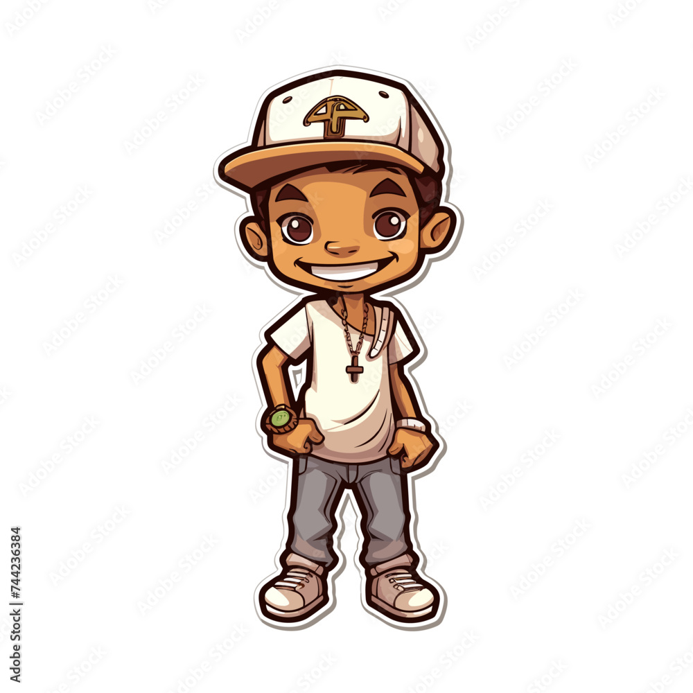 Obraz premium Vector illustration of a sticker featuring a young boy wearing a stylish hat and sunglasses