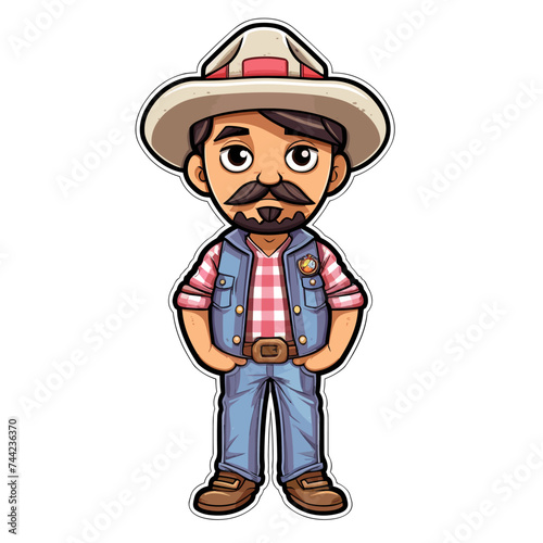 Vector illustration of a cartoon cowboy with a full beard and classic cowboy hat © Wirestock