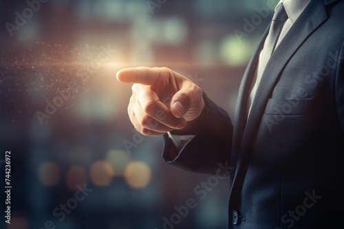 Businessman pressing finger on touch screen, pressing virtual screen Side view of businessman touchi