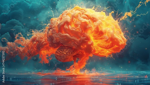 an illustration of an animated brain explosion, in the style of surrealistic urban, graphic design poster art, shaped canvas, realistic color schemes. Generative AI