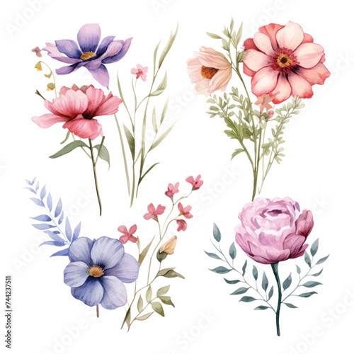 Vector of a vibrant watercolor painting of a bouquet of colorful flowers on a white background