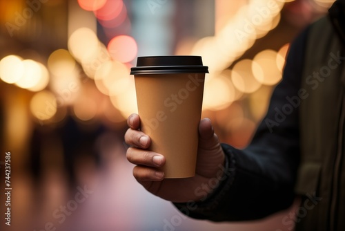 A person holding a coffee cup in their hand, enjoying a warm beverage.