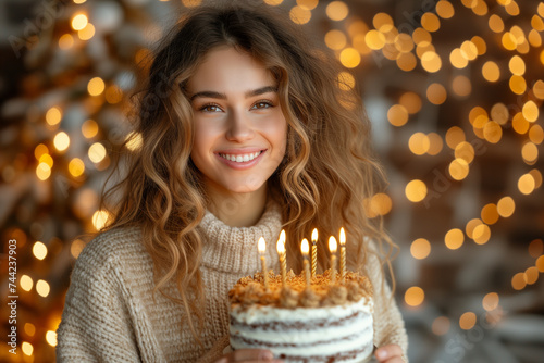 Holding birthday cake, happy young woman with candles on her dessert for lights party with copy space