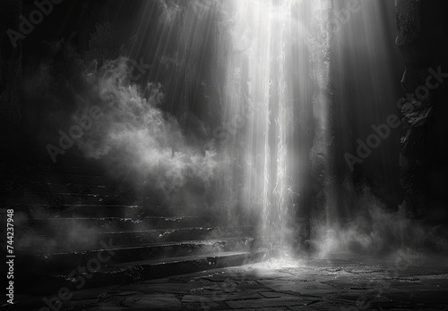 an image showing a dark light beam in a dark background, in the style of dusty piles, black and gray, stage-like environments, made of mist, hyperrealistic rendering. Generative AI