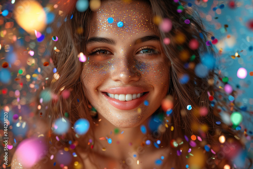 Party woman with confetti, portrait of a beautiful smile on the face of a young girl full of glitter and happiness