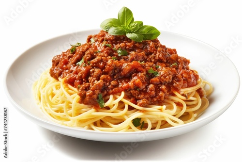 a plate of spaghetti with meat and basil on it - isolated