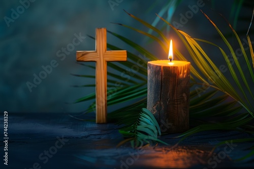 Wooden cross, candle and palm leaves on dark background