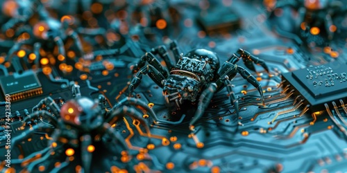 Small cyber-viruses or bugs are nibbling away at the computer microchip. Viruses on PC. AI generative. © PROKOPYCH