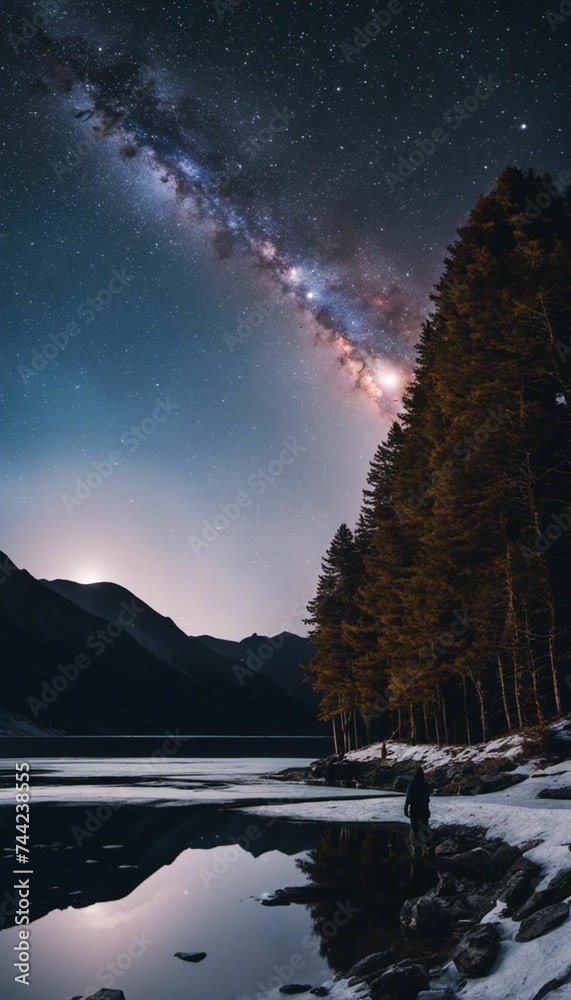 Lake surrounded by mountainous terrain, illuminated by the radiant light of the moon and stars