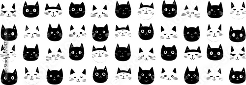 Vector of a white background with an array of cat face silhouettes in a patterned design