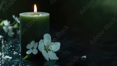 green candles and flowers with copy space 