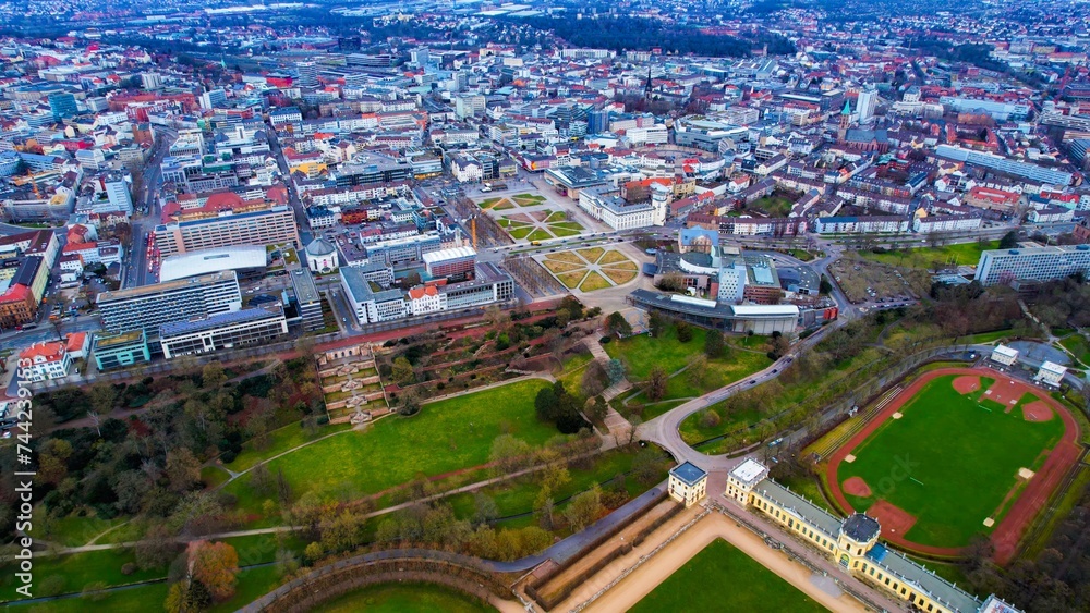 Aerial view around the downtown area of the city Kassel in Hessen, Germany on a cloudy day in late winter