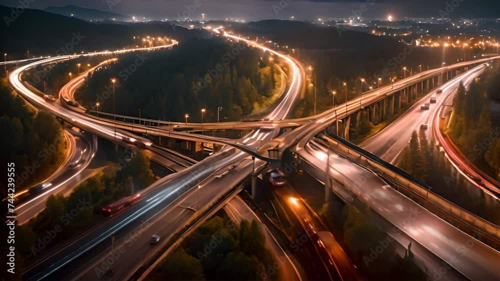 Aerial view showcases bustling highway intersection at night, with vehicles moving in different directions, traffic lights changing and city lights illuminating scene Aerial view showcases bustling highway intersection at night, with vehicles moving in different directions, traffic lights changing and city lights illuminating scene