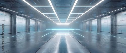 Sci Fi Futuristic Alien Spaceship Dark Empty Grunge Concrete Reflective Tiled Floor And White Blue Glowing Led Lights Studio Hall Corridor Tunnel 3D Rendering