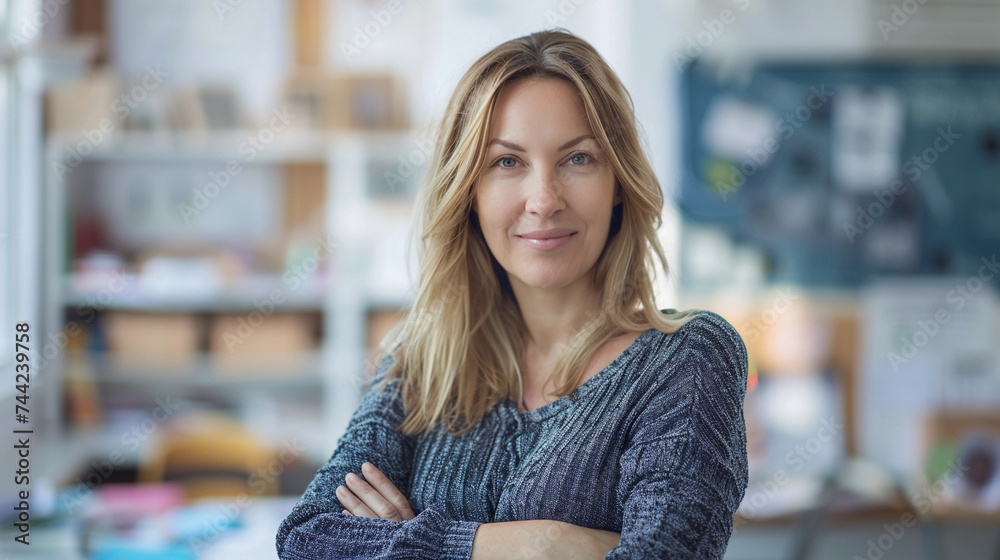 Positive female elementary school teacher in the her work place. Art therapist, child psychologist. Positive female elementary school teacher in the her work place. Art therapist, child psychologist.