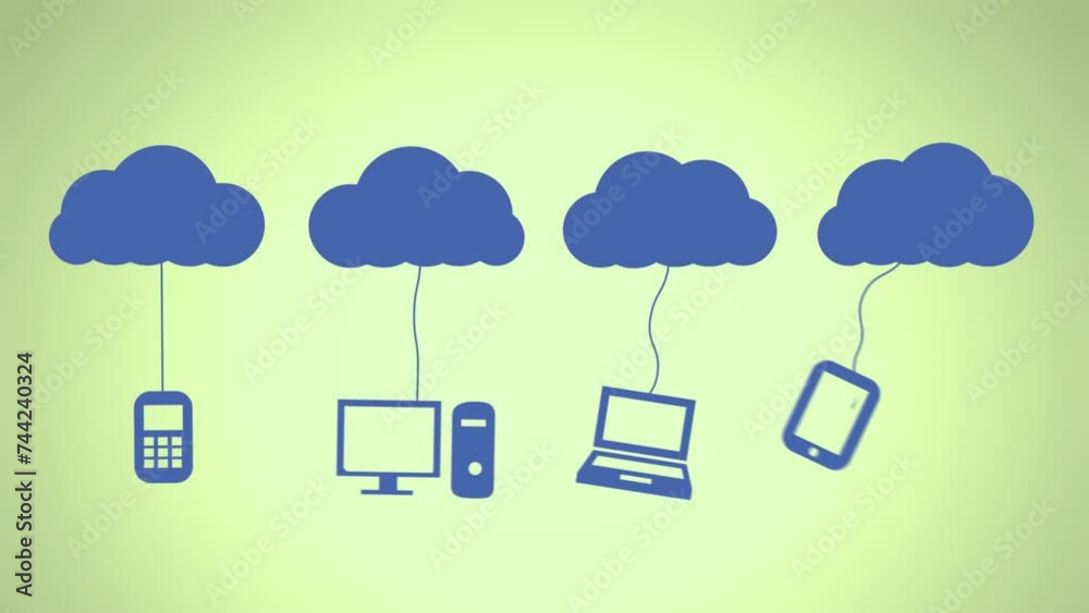 Animation of blue clouds and electronic devices icons over green background Animation of blue clouds and electronic devices icons over green background